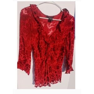 Vintage crimson red Silk Blend Burnout Velvet Ruffle Blouse - Red - Size M